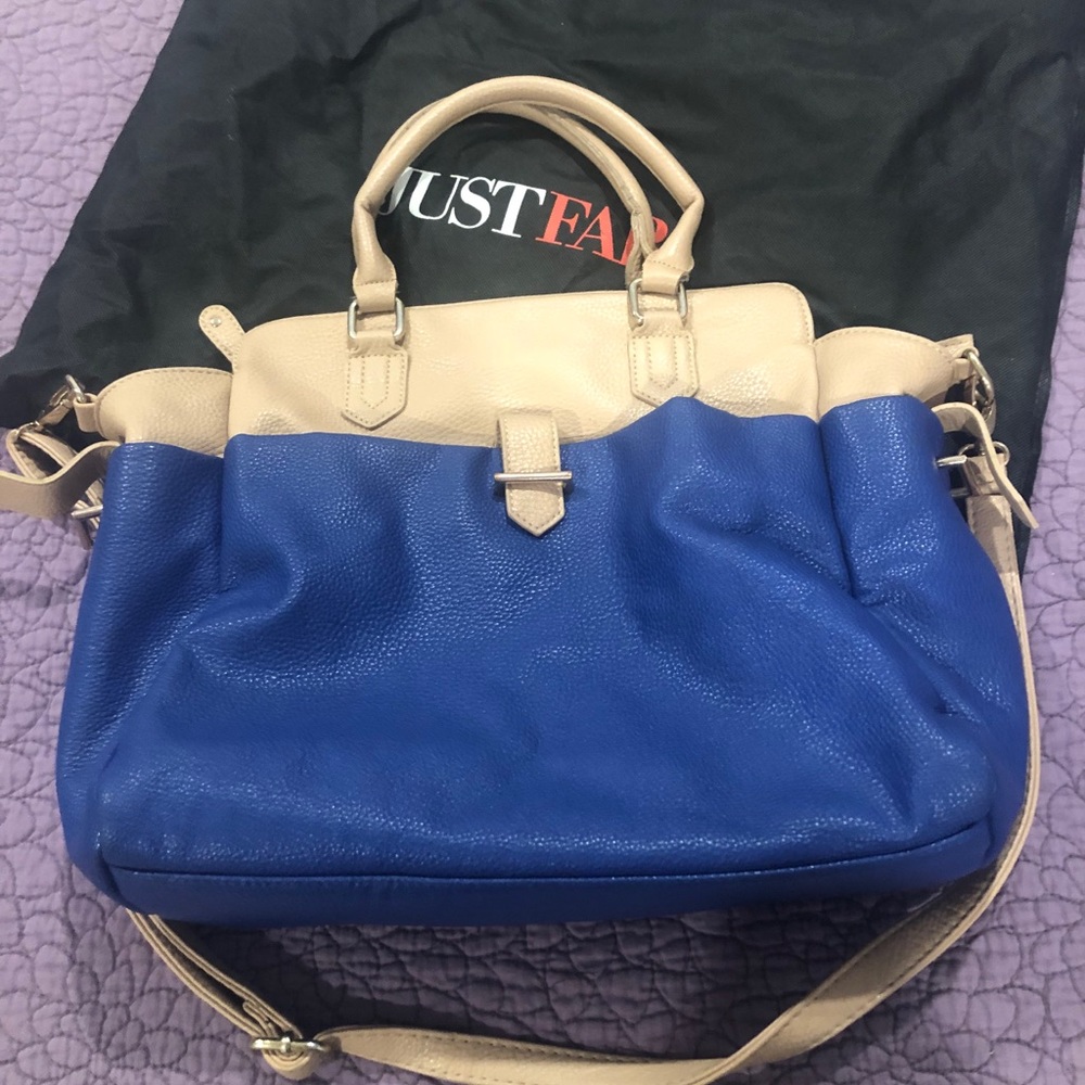 Blue and tan leather tote handbag